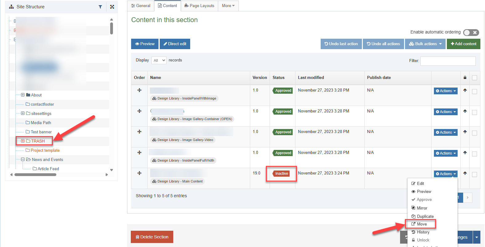 A screenshot of the Terminalfour content view, with arrows to show how to move inactive components to Trash